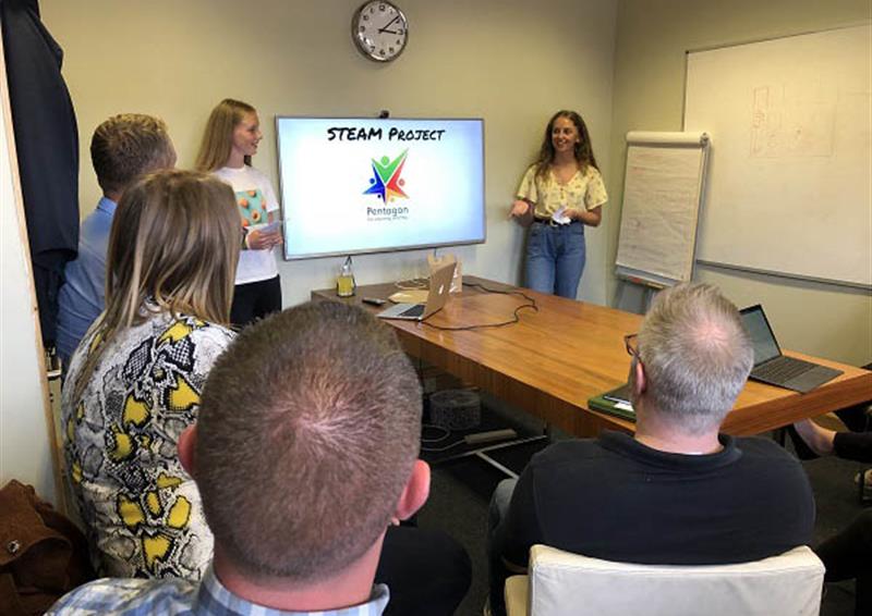 Two Pentagon Play apprentices are giving a presentation to a group of managers regarding a new project they are undertaking.