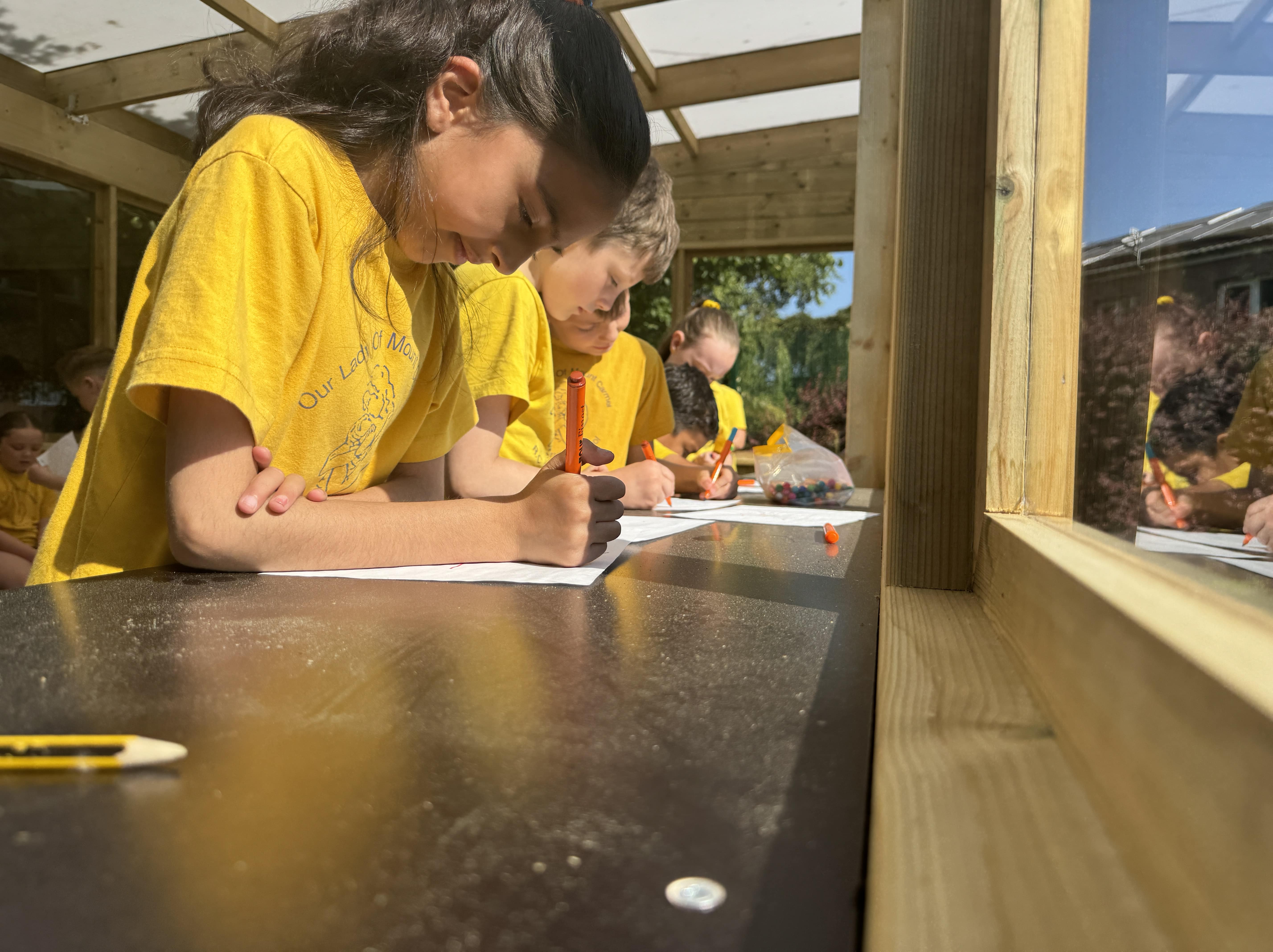 A line of children are working on a table in an outdoor classroom. They are filling out a worksheet from their class.