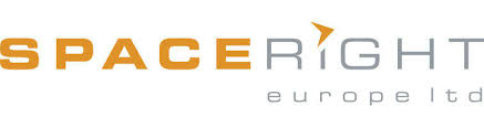 Logo for spaceright. The text "Spaceright" is split in half and is shown in two colours, orange and grey