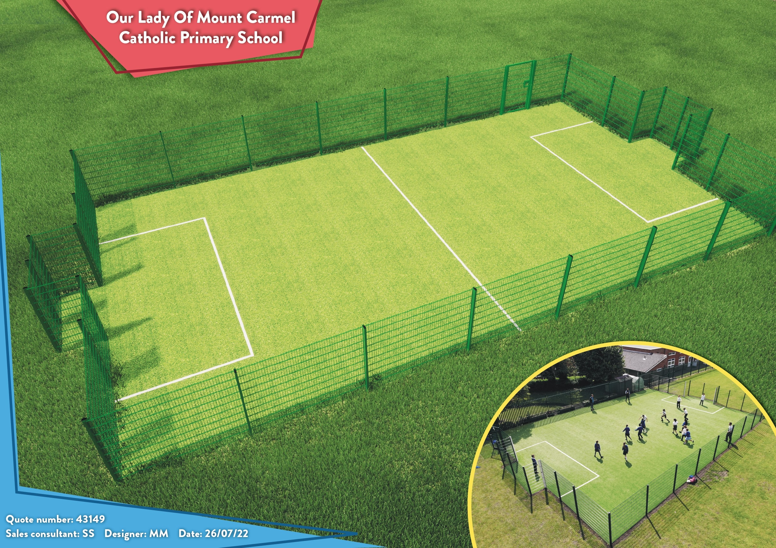 A 3D Render of a MUGA that was created for Our Lady of Mount Carmel RC Primary School to showcase how the new facility would look.