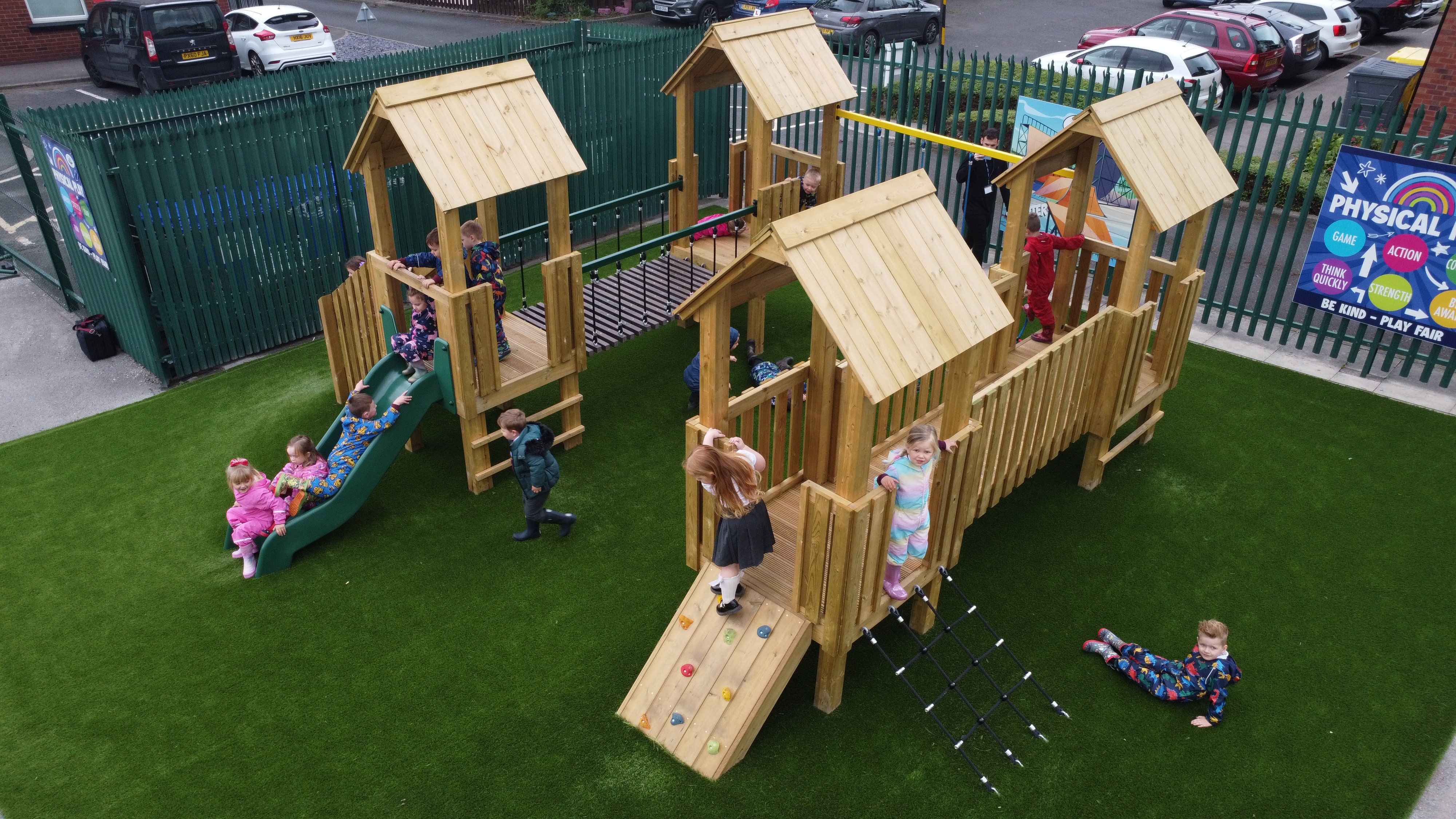 A drone shot showcasing the amount of children who are playing on the Play Tower