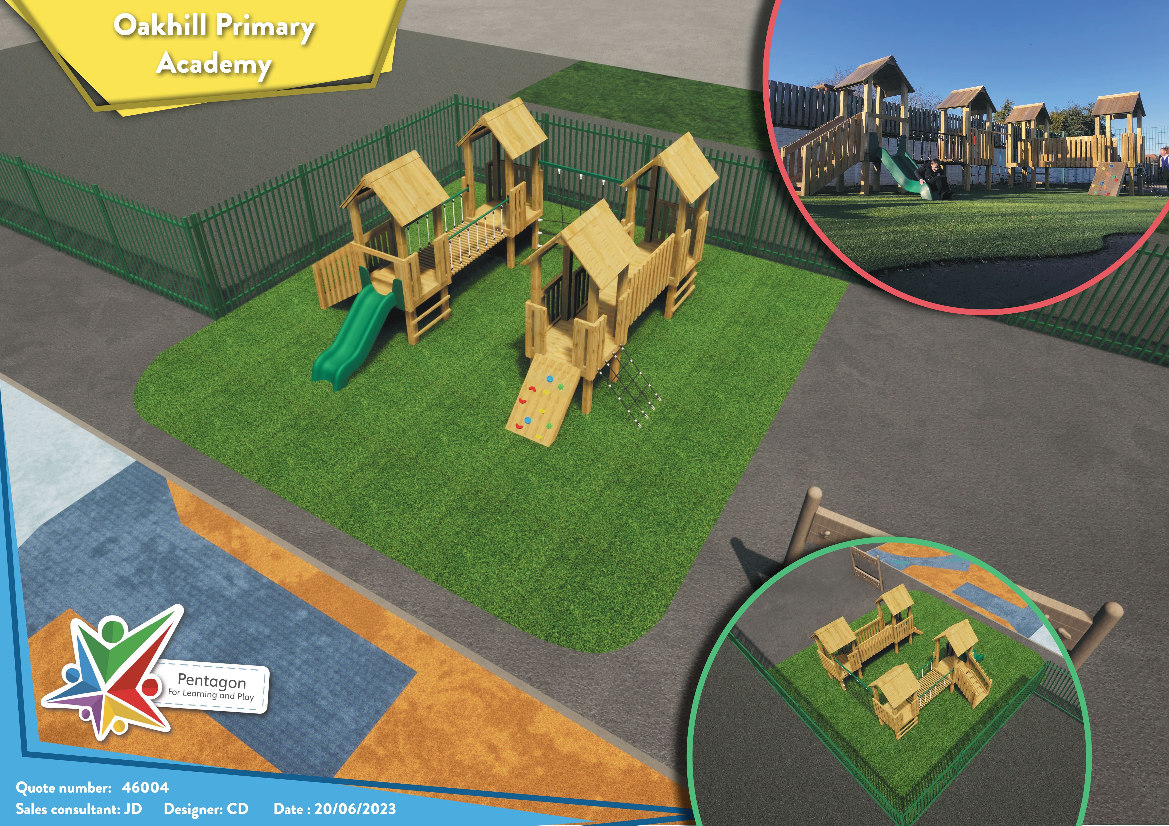 A visualisation of the Oakhill Primary Academy job, showcasing the Play Tower and the Artificial Grass