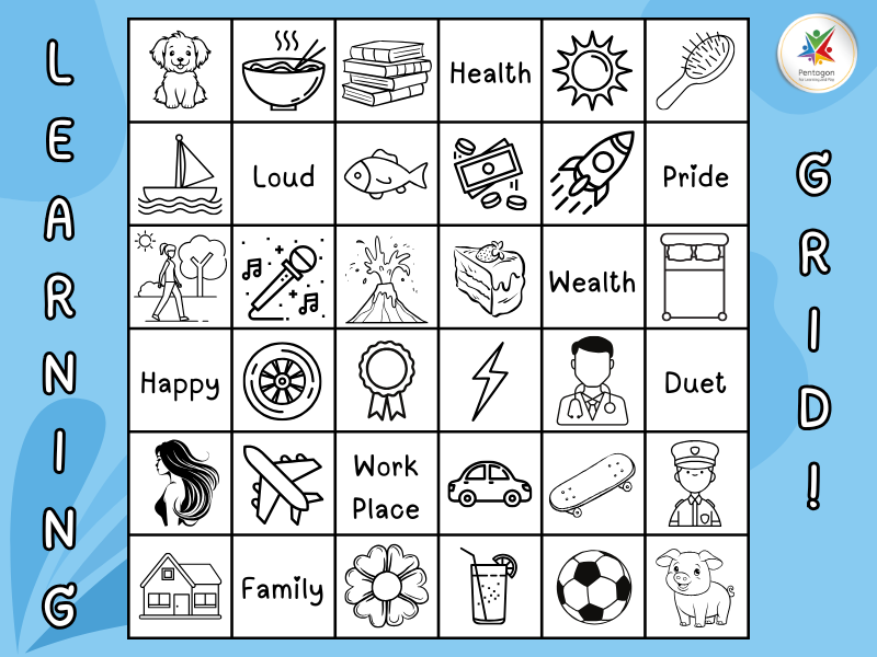 A 6x6 learning grid that features a variety of images and words. Beside the grid, the Pentagon Play logo can be seen.