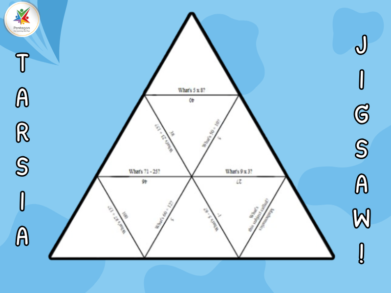 A Tarsia Jigsaw in the shape of a triangle with a variety of maths questions on it, placed on a blue background