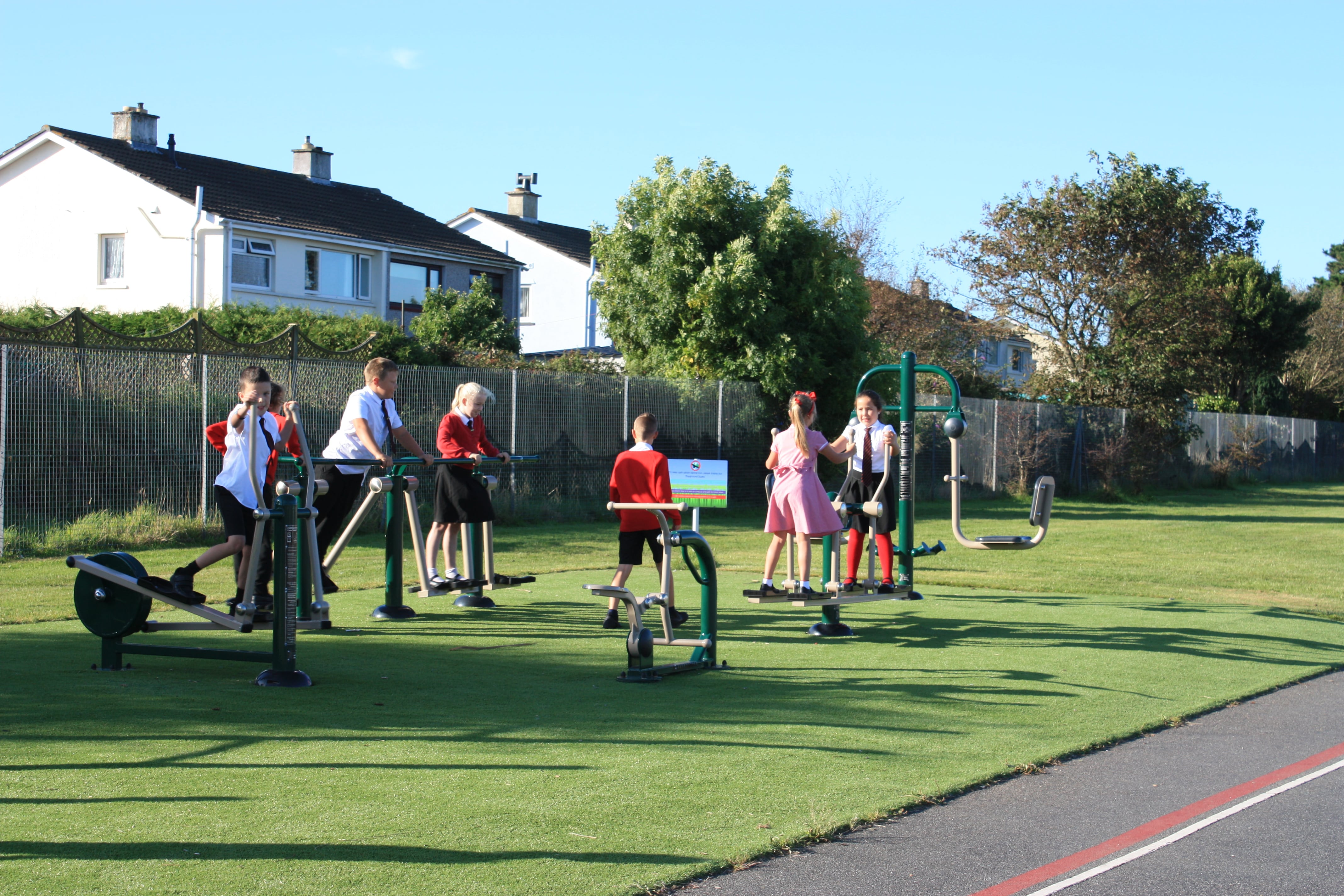 A group of children are playing on different pieces of outdoor gym equipment on artificial grass.