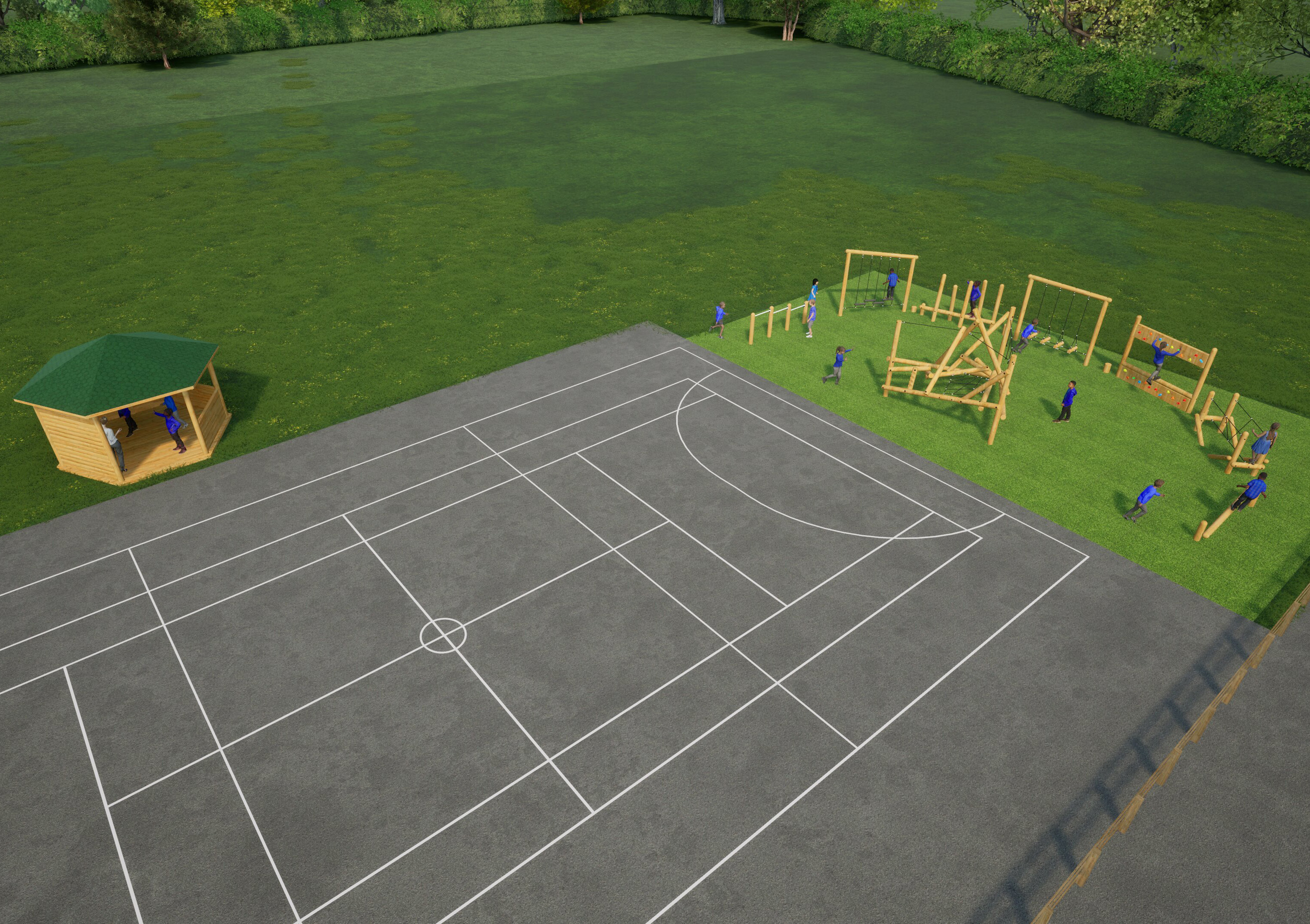 A 3D visualisation of Lichfield Cathedral Primary's new playground, with the active play area and outdoor classroom.