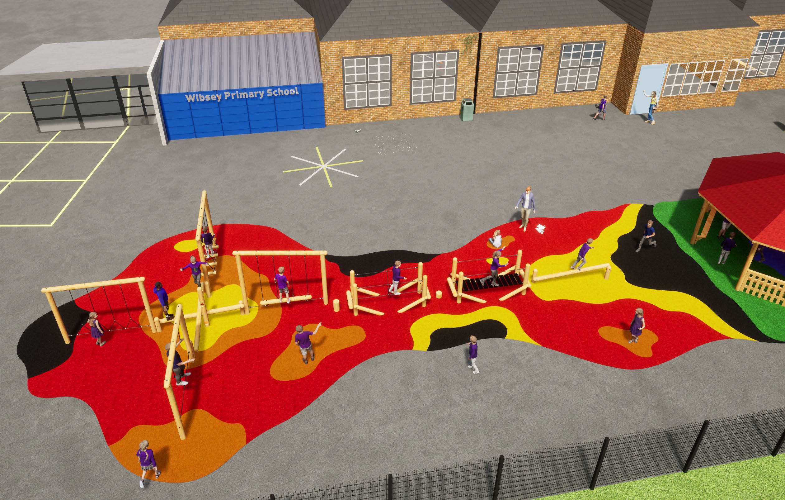 A 3D Visualisation of the wetpour design selected by Wibsey Primary School.