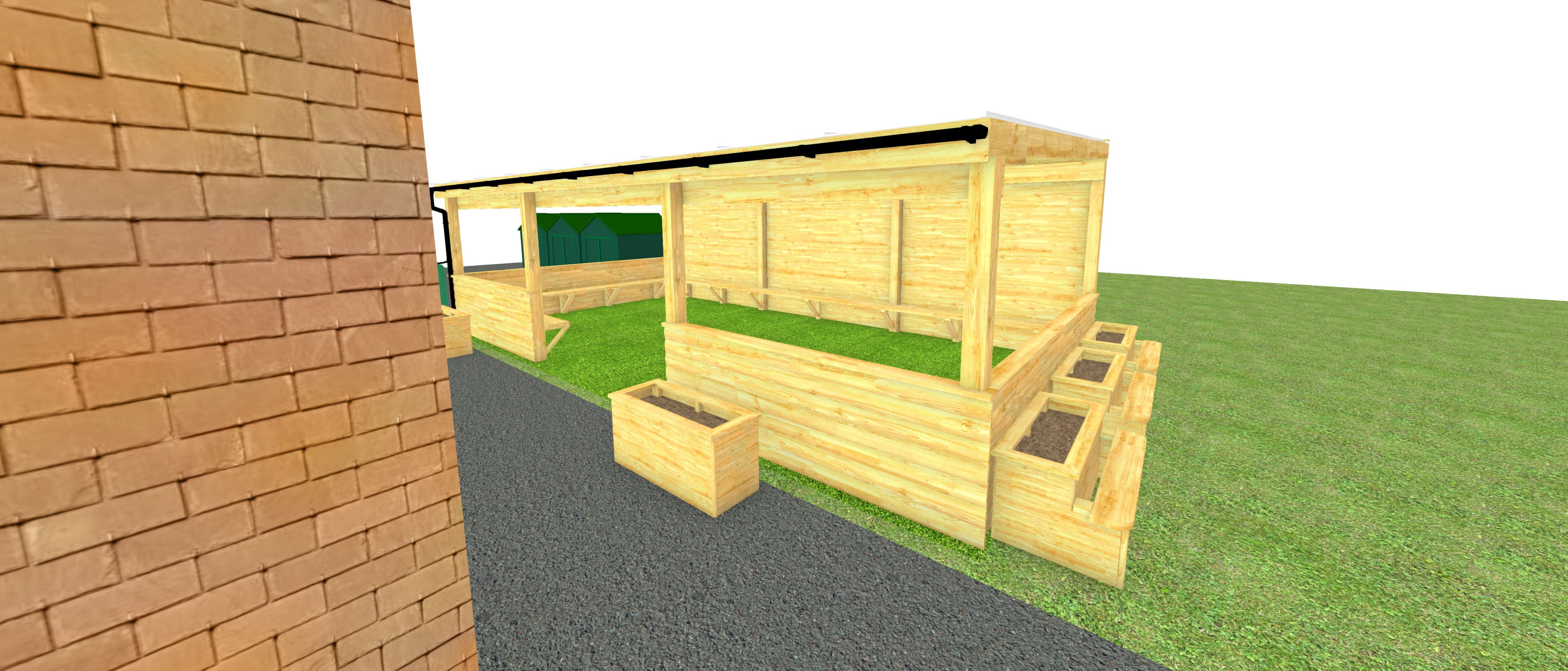 A 3D visualisation of the outdoor timber canopy that has been installed at Bowburn Primary School.