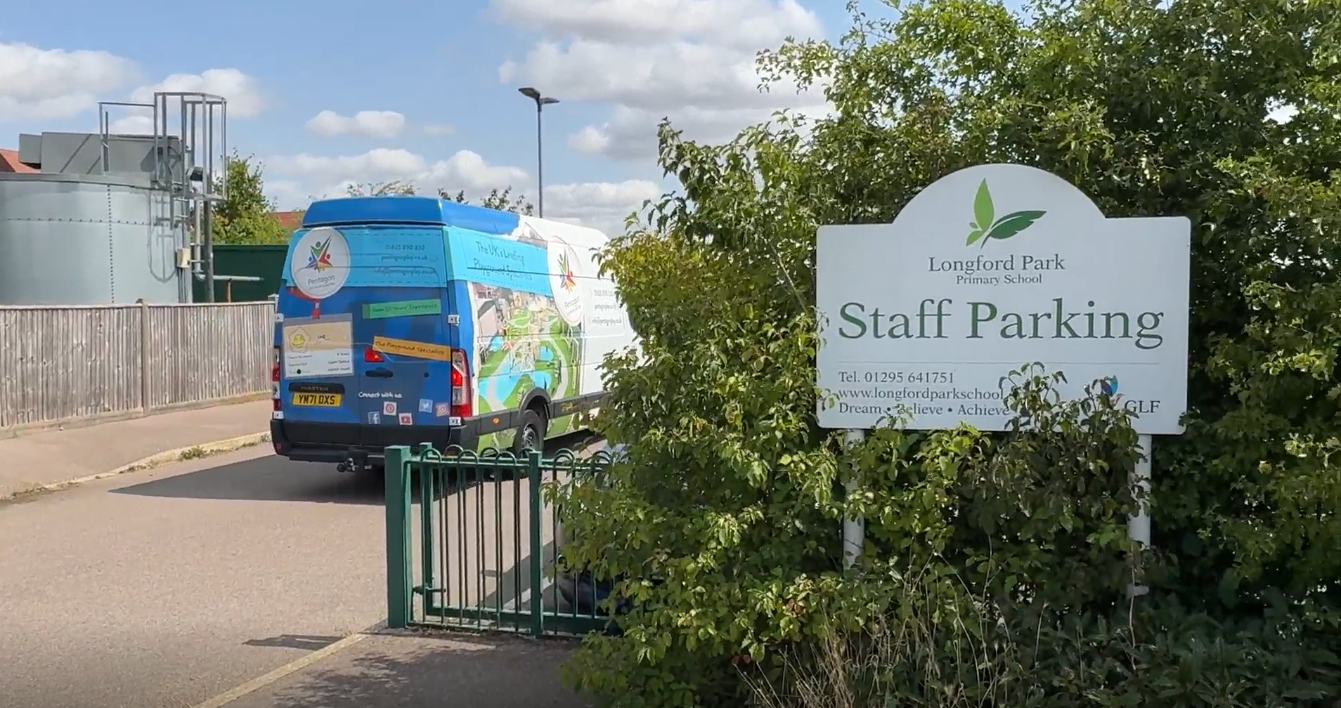 A Pentagon Play van is pulling into Longford Park Primary School.