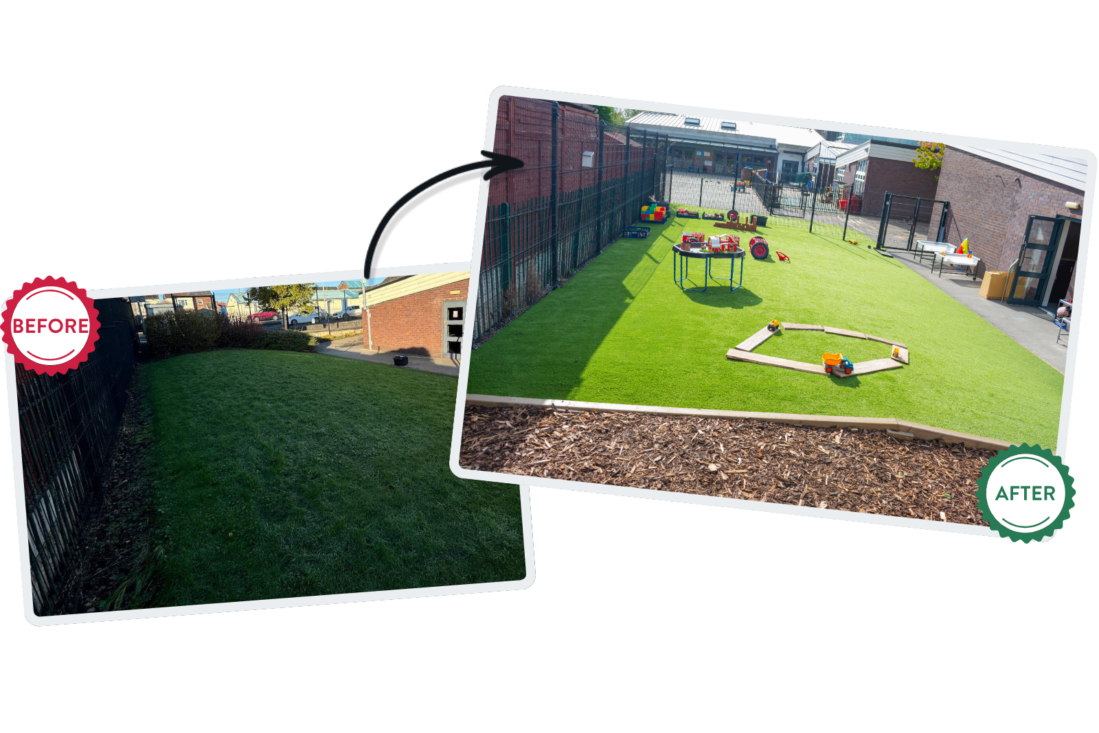 A before and after for Hindley Green, which showcases the amount of artificial grass installed.