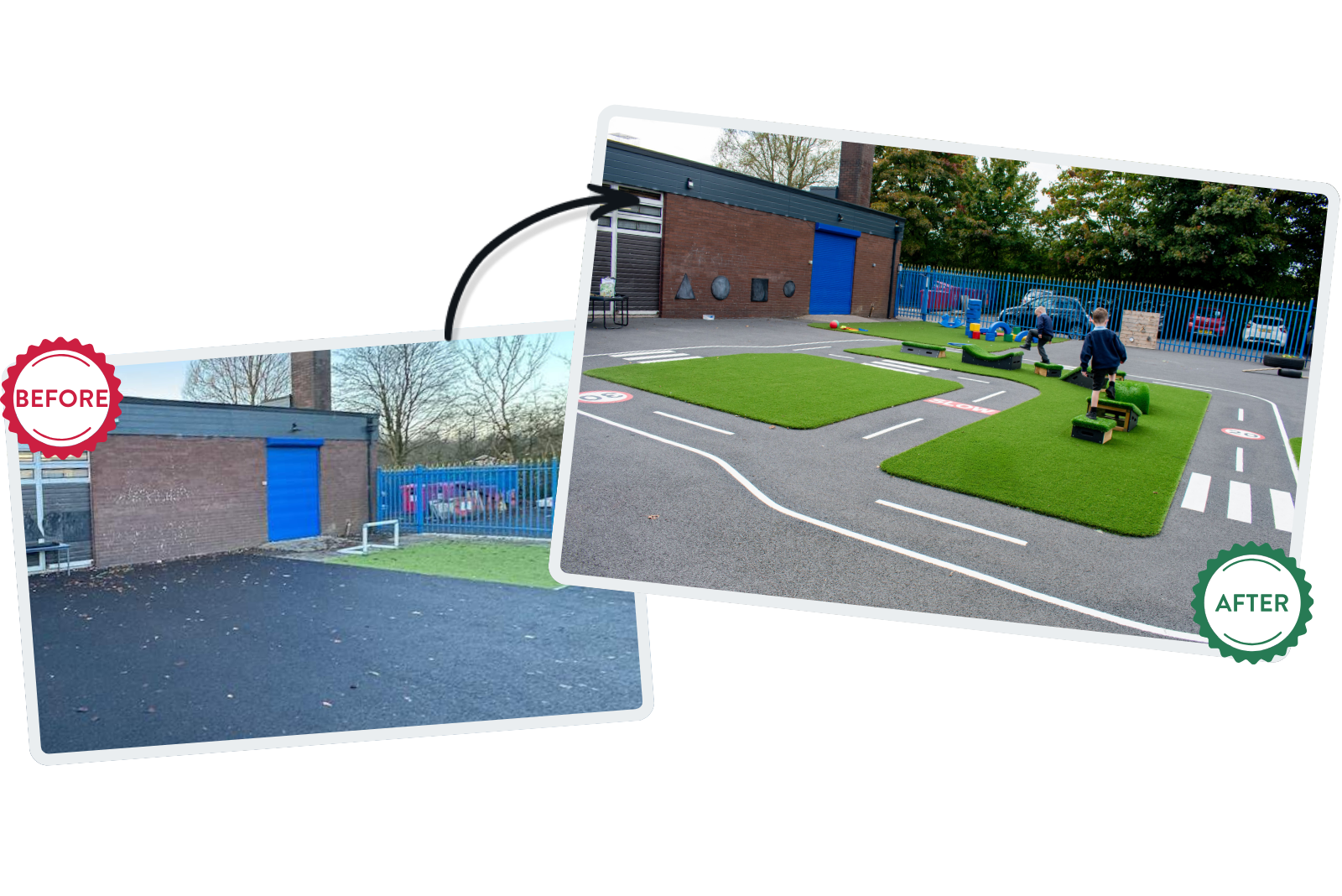 A before and after of the St Peters project, showcasing all the new surfacing and Get Set Go Blocks unit.