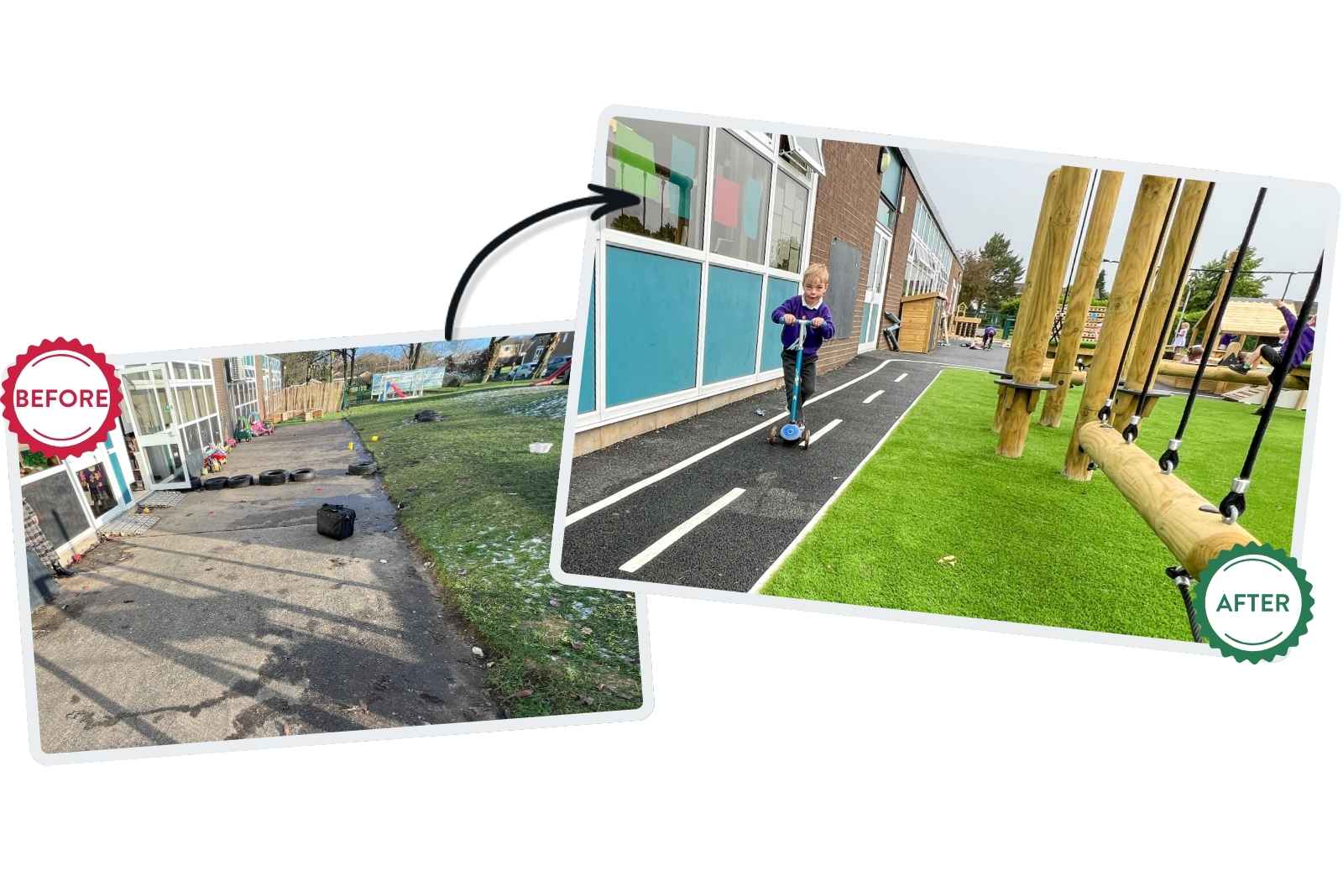 A before and after that focuses on how the old tarmac and natural grass has been replaced with thermoplastic markings and artificial grass.