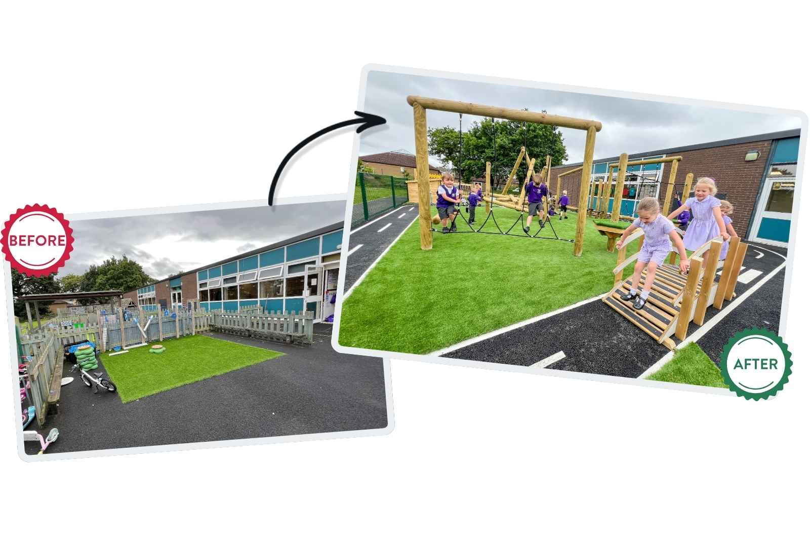 A before and after comparison, showing the complete change in the vibrance of the playground.
