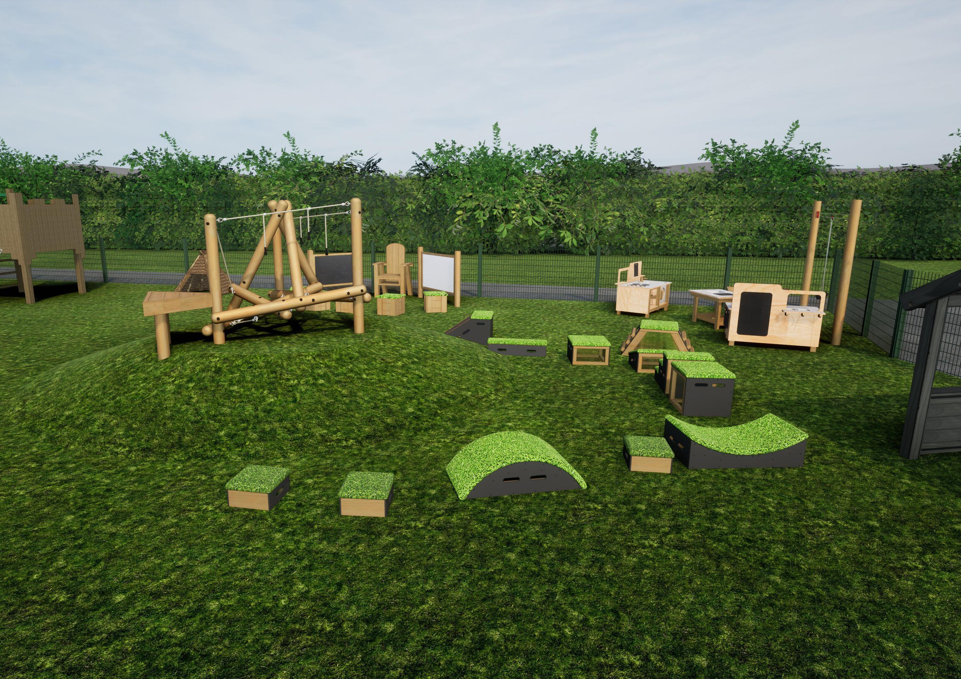 A 3D visualisation that showcases a variety of active play equipment.