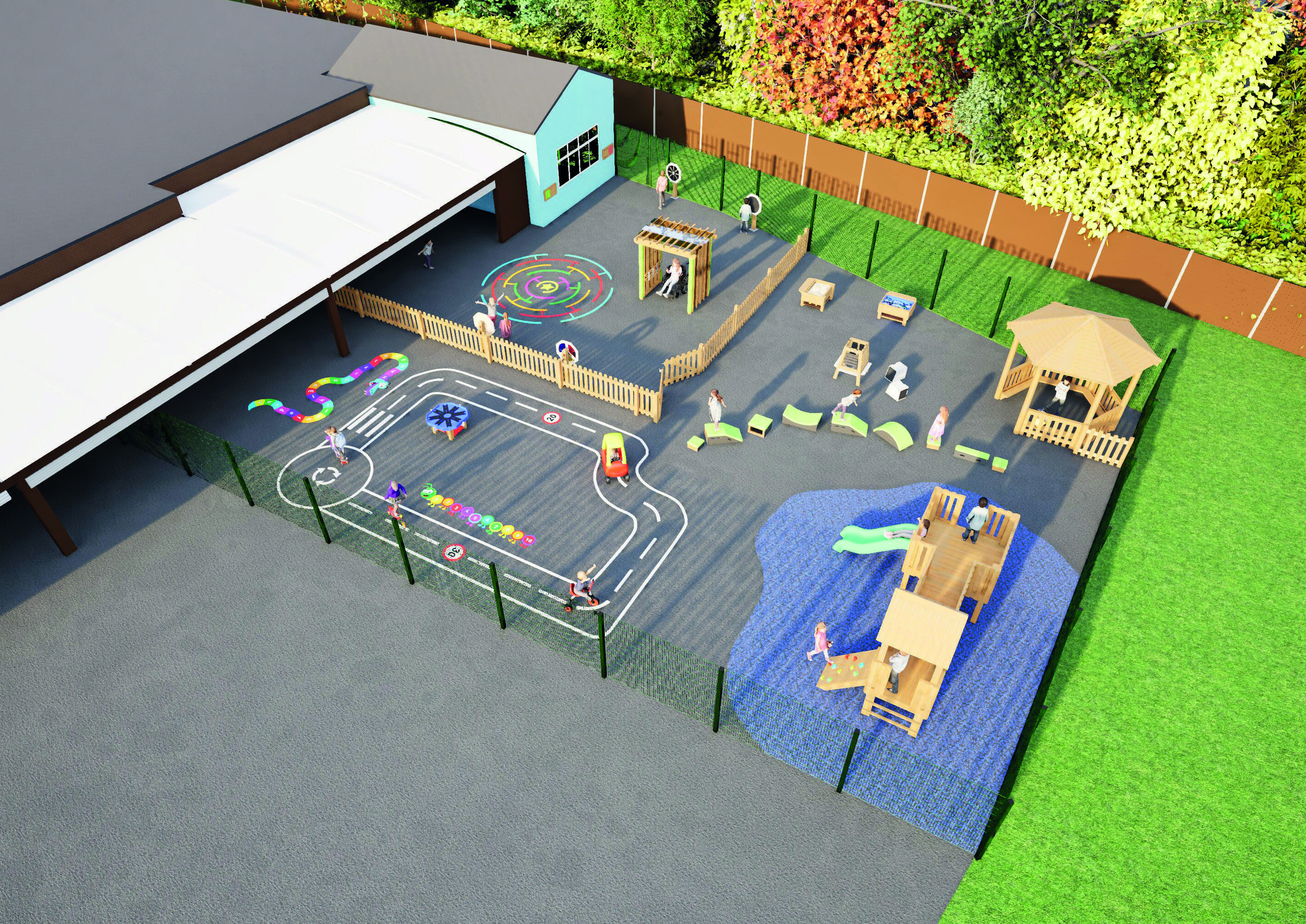 A 3D visualisation of the proposed playground project for Fox Wood School.