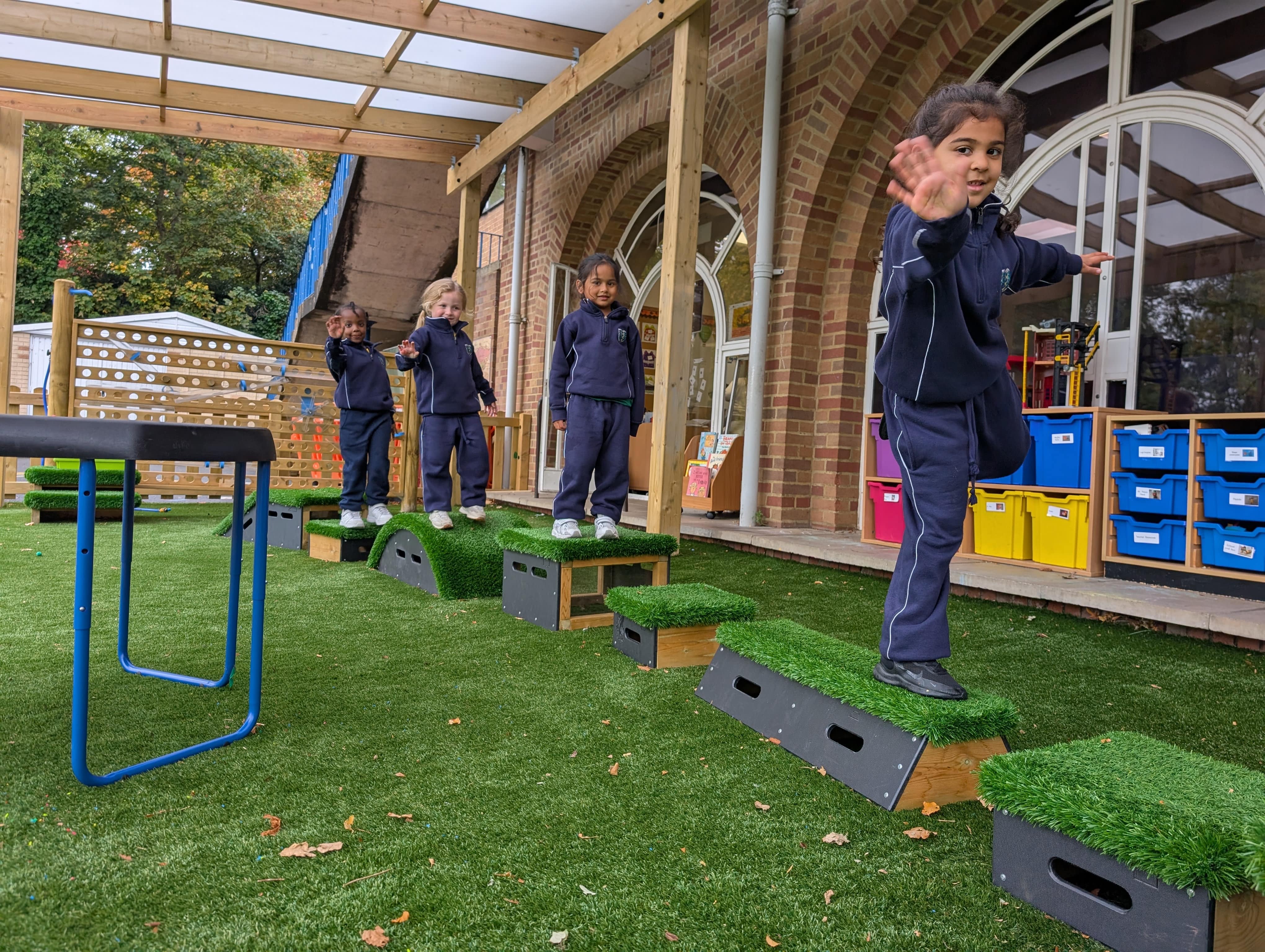 A group of children are exploring the Get Set Go blocks, specifically the Pennine set.