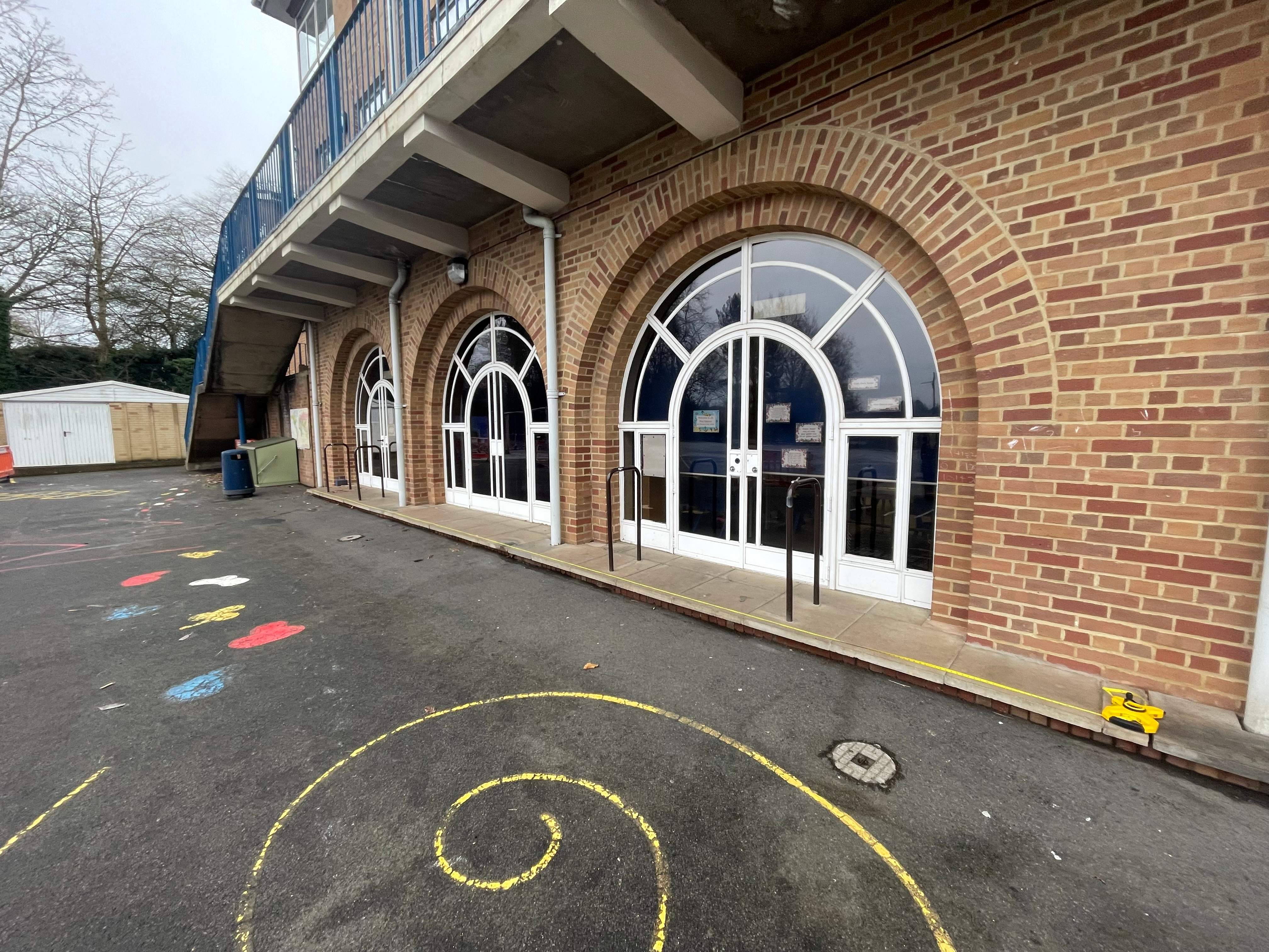 The old Edgbaston High School EYFS play area, with the thermoplastic playground markings.