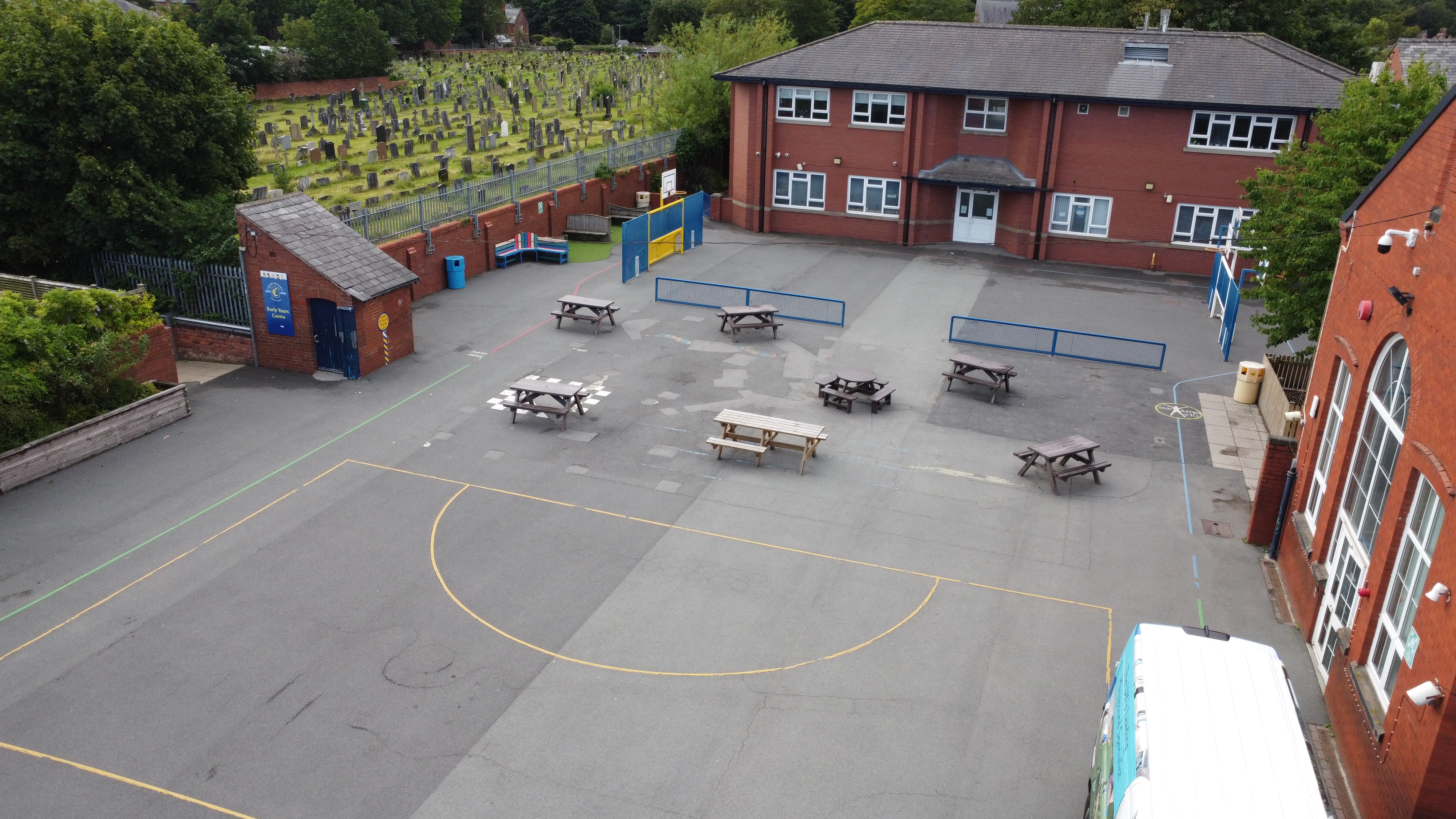 A tarmac surfaced playground at Churchtown Primary School.