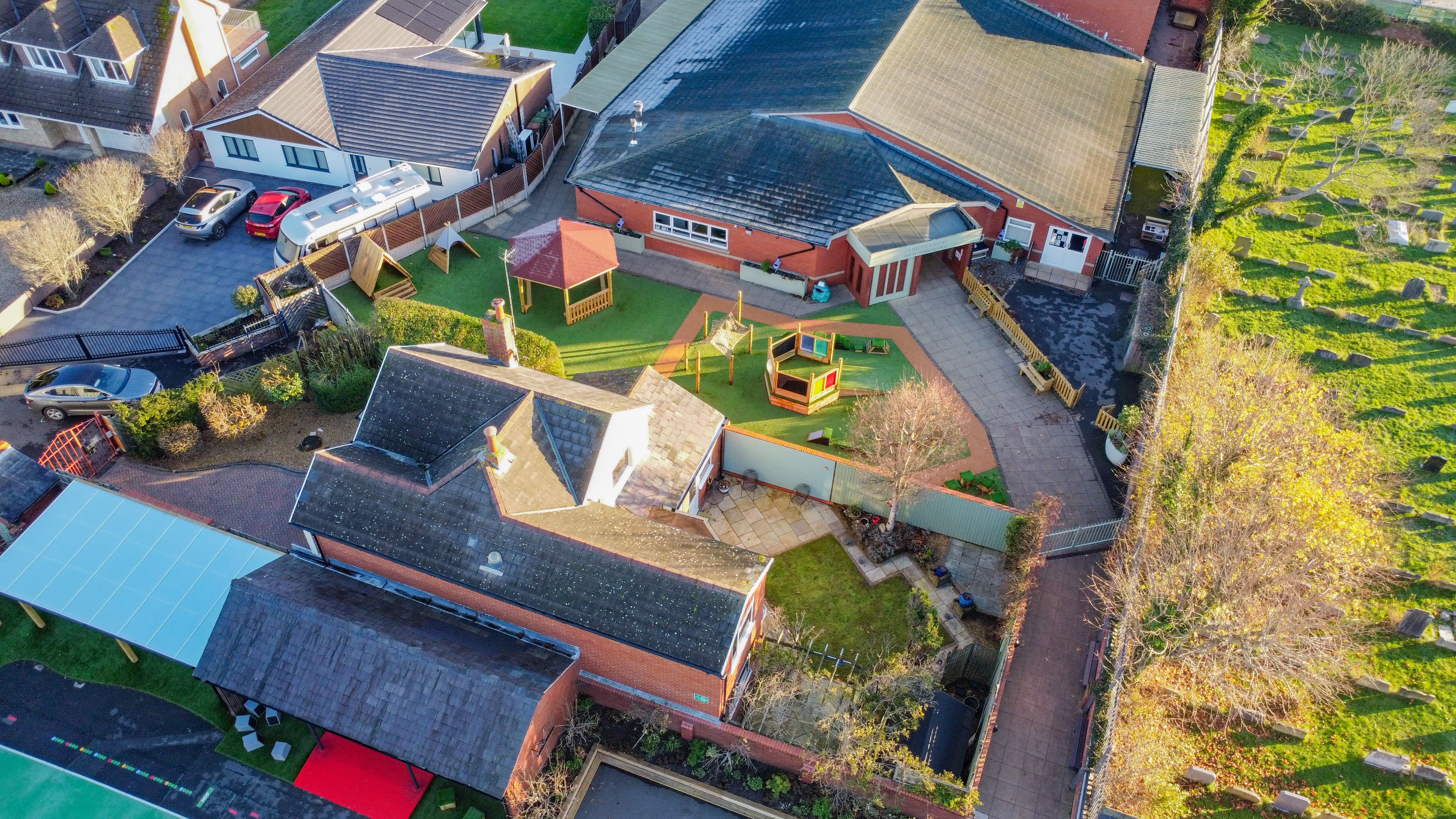 Birds-eye photo of the completed playground at Churchtown Primary School.