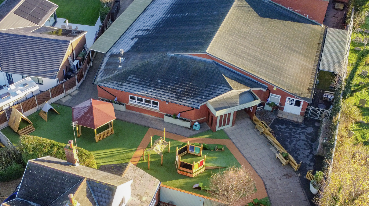 A drone shot showcasing the finished playground installation at Churchtown Primary School.