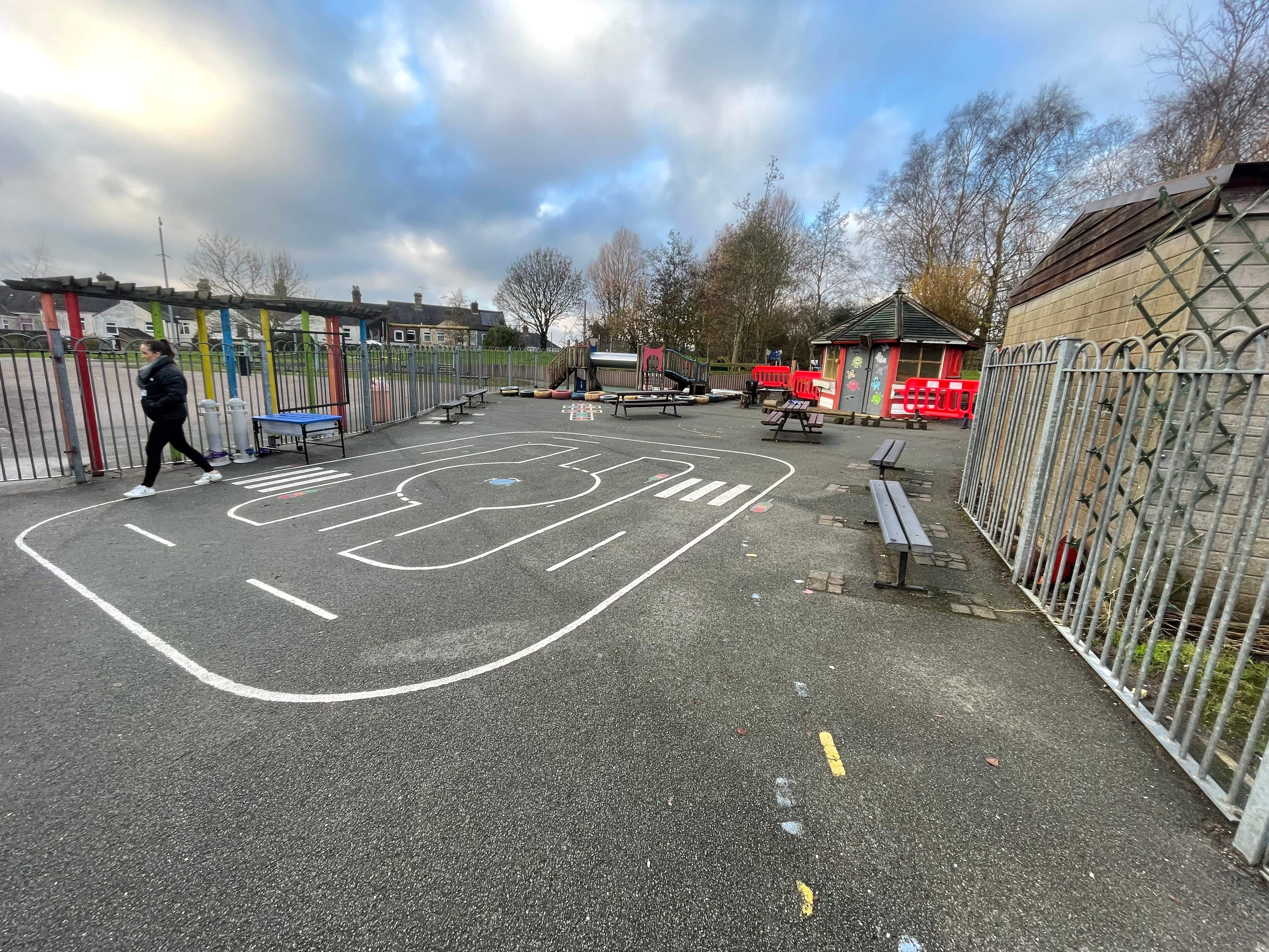 Kingsland Academy's old tarmac playground, with thermoplastic road markings that are beginning to fade.