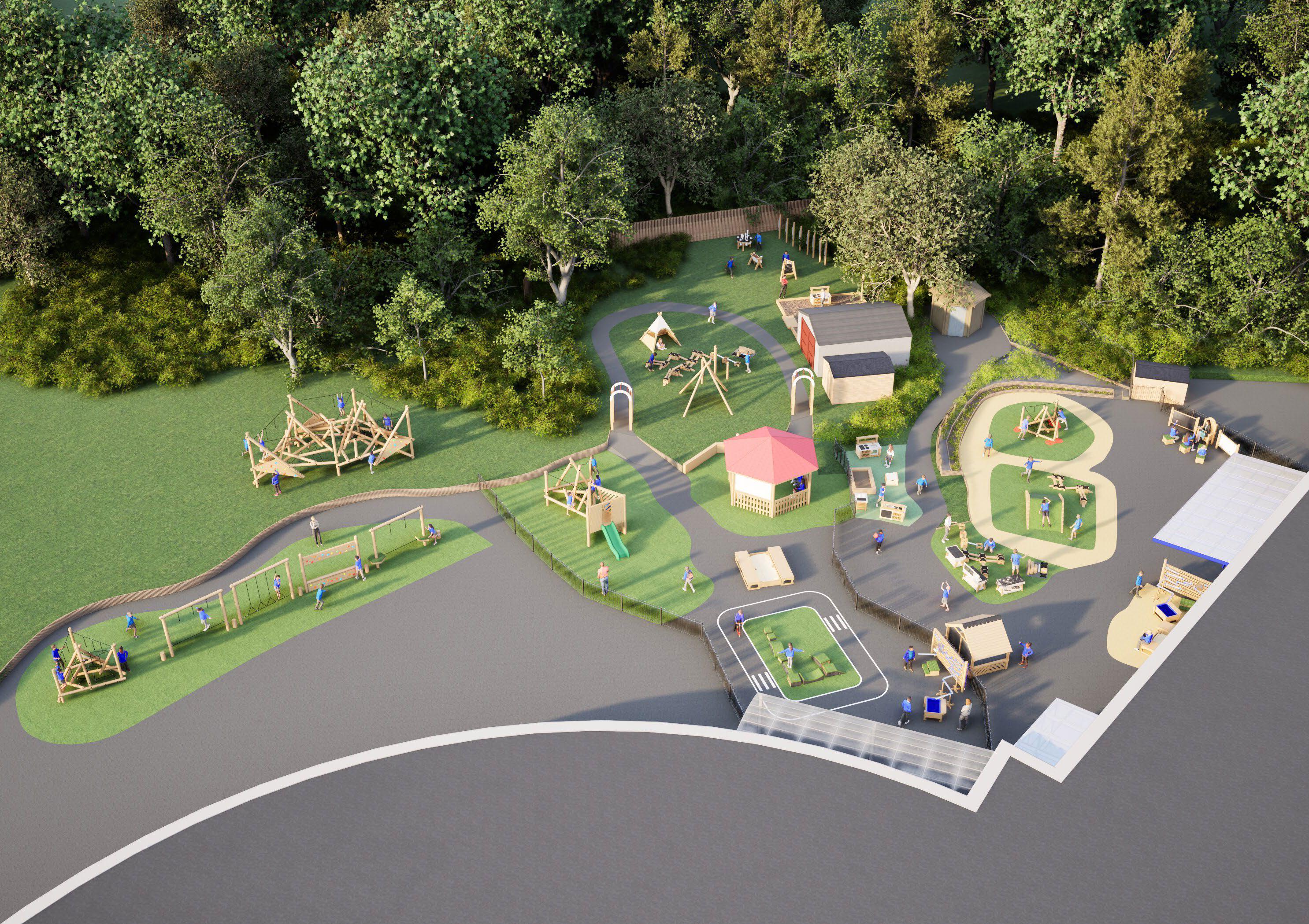 A 3D visualisation of the new Kingsland Church of England Primary playground, showcasing the new design.