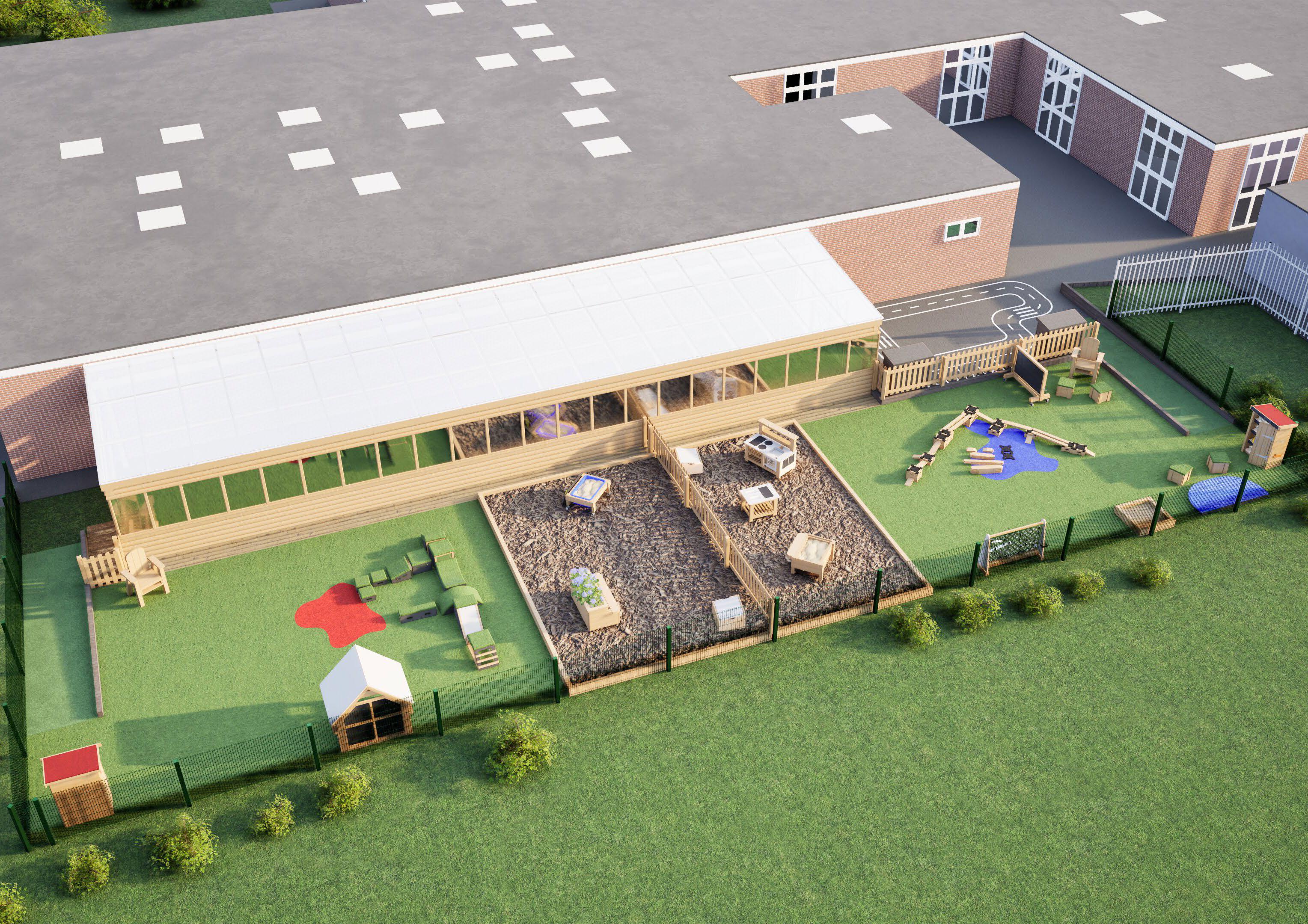 A 3D visualisation of the proposed changes to the Wesley Methodist Primary School nursery and reception playground.