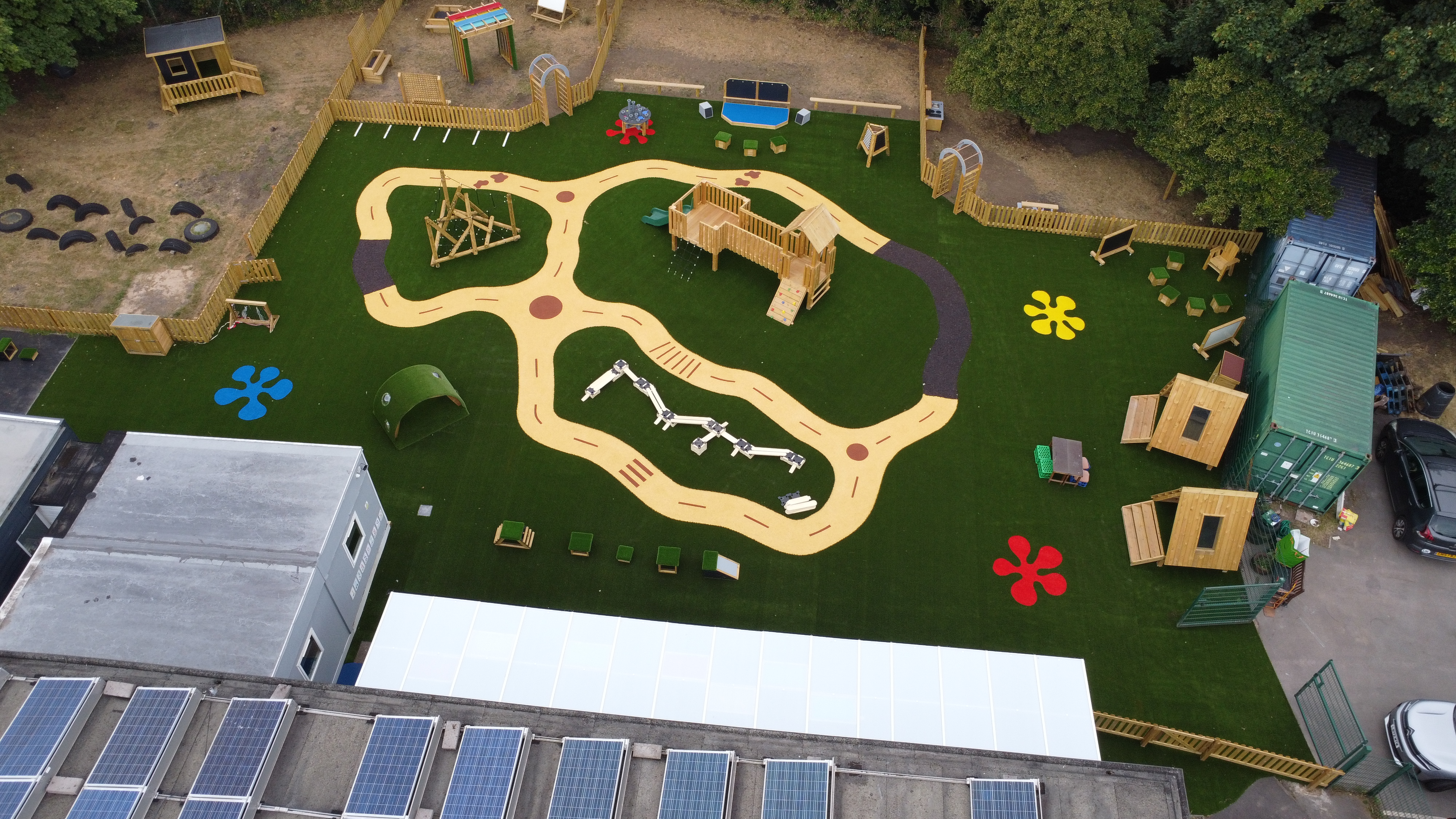 A birdseye view of the new playground at Timbertree Primary Academy, showcasing the new surfacing and play equipment.
