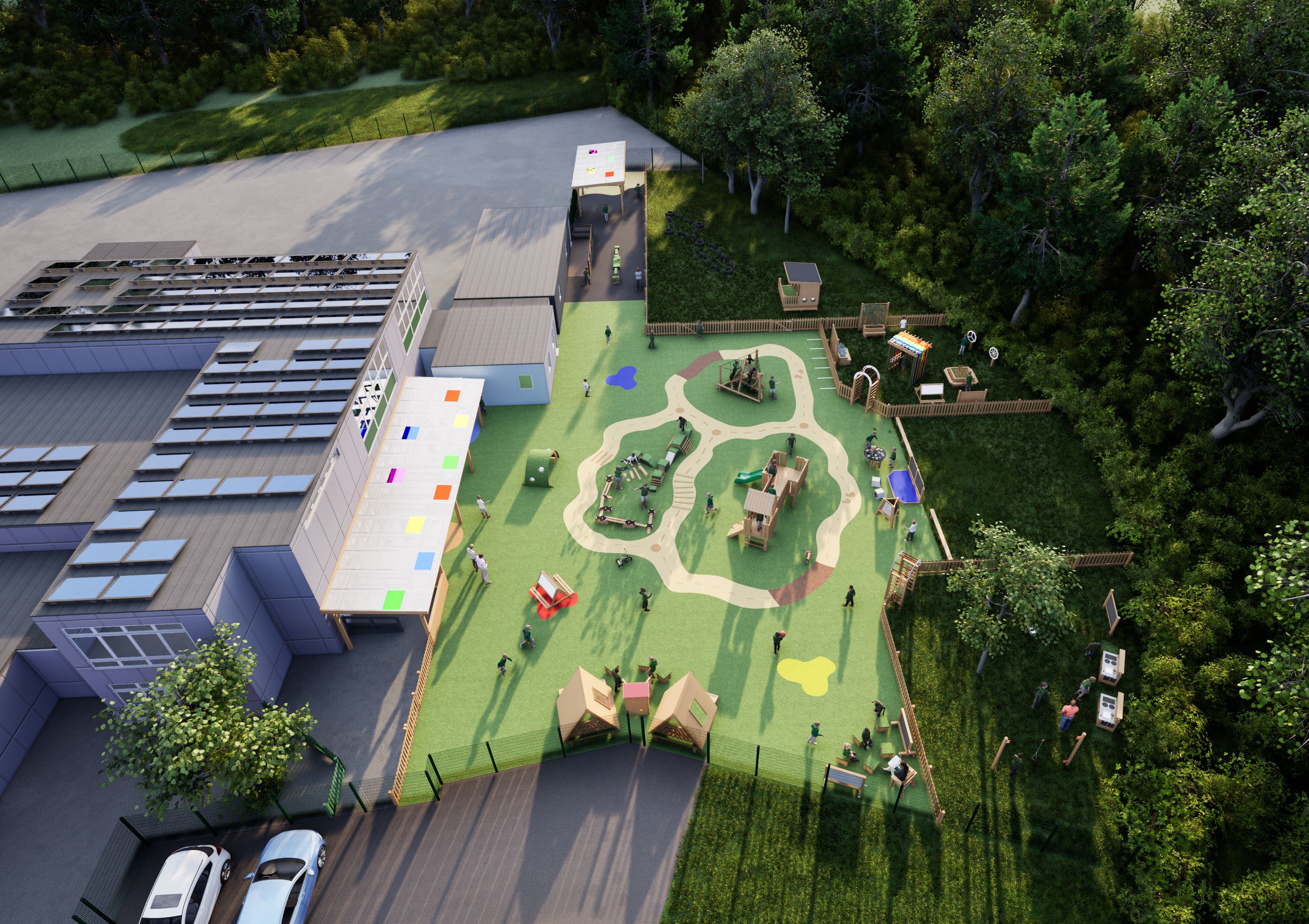 A 3D visualisation of the proposed plan for Timbertree Primary Academy, showcasing all of the new changes and surfaces.