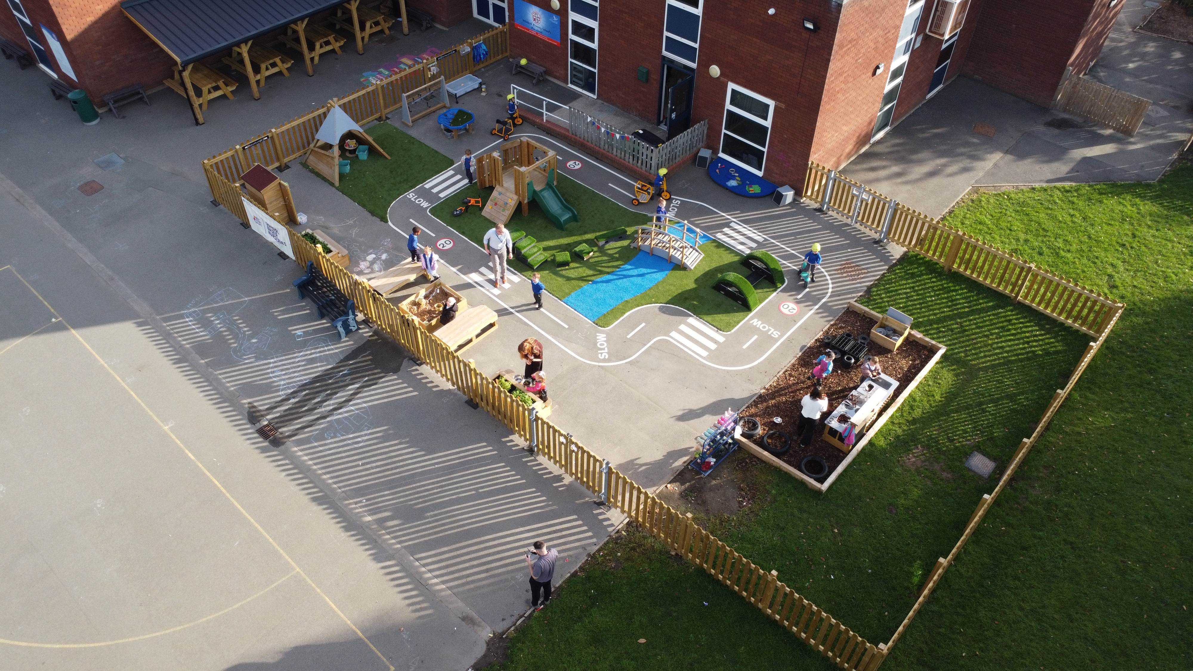 A drone shot, showcasing the transformation of the new playground for the nursery.