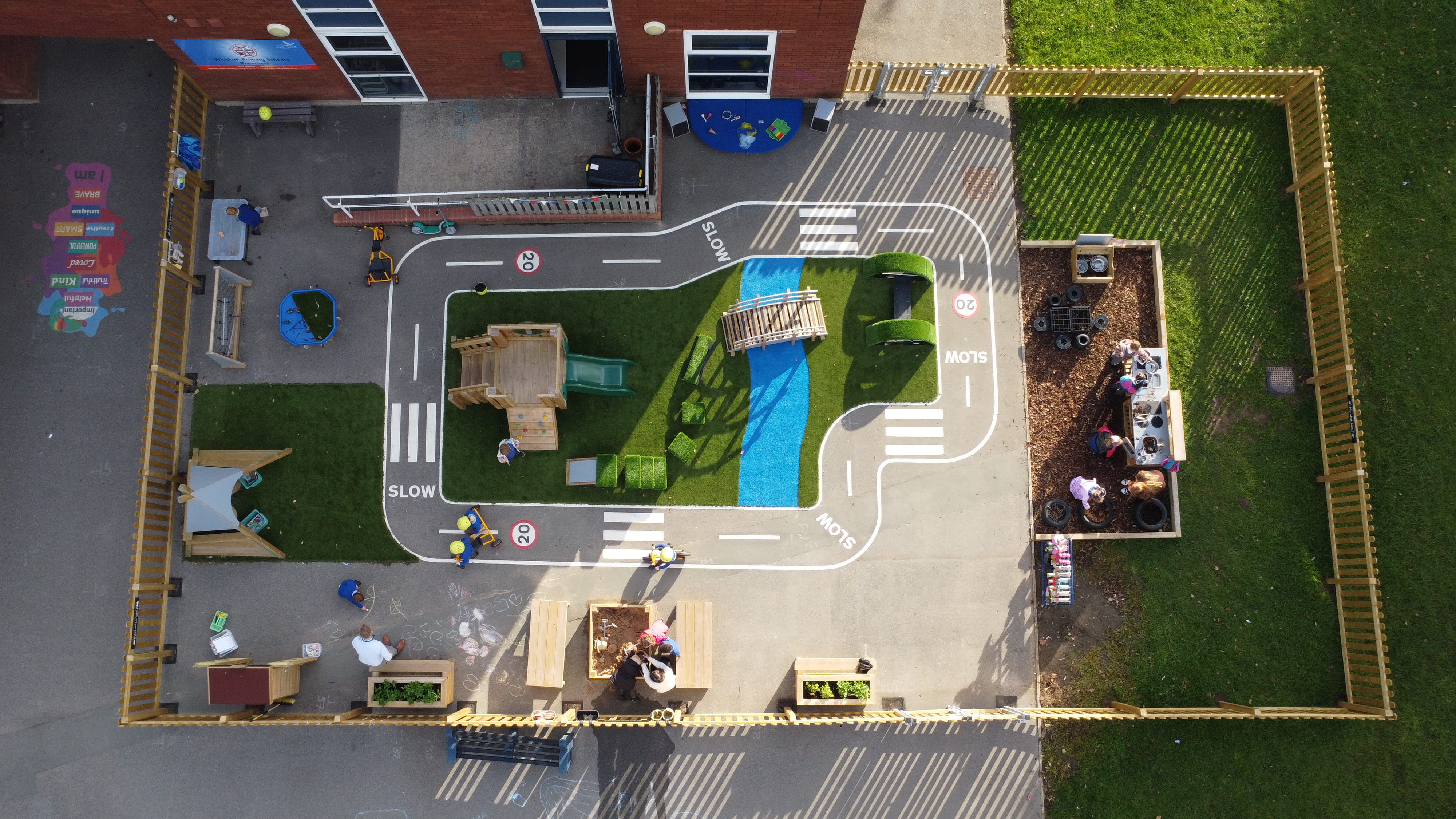 A birds eye shot that showcases the entire playground installation at Whitkirk Primary School.