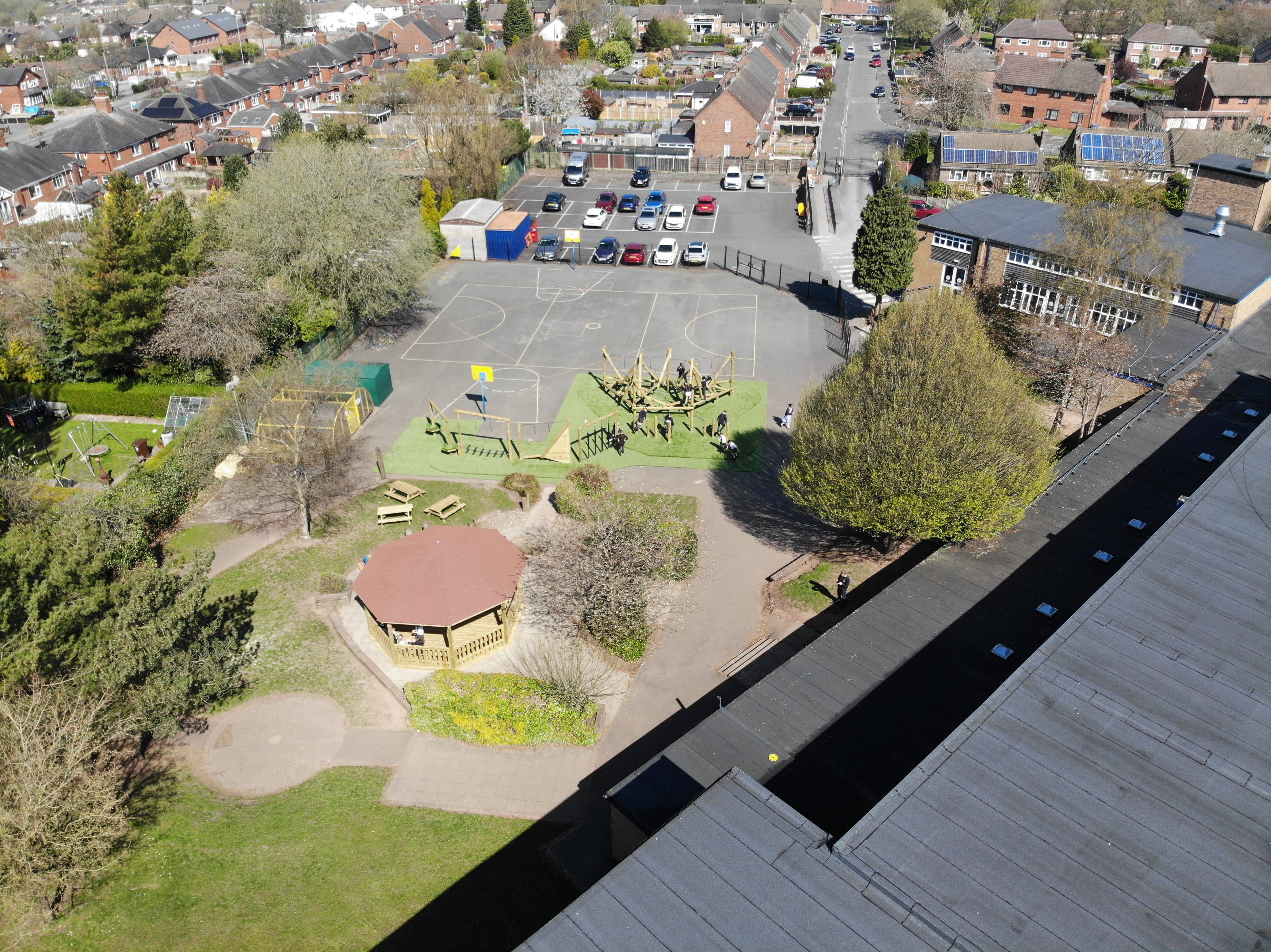 A birdseye view of the entire Weston Junior Academy School, showcasing the new playground.