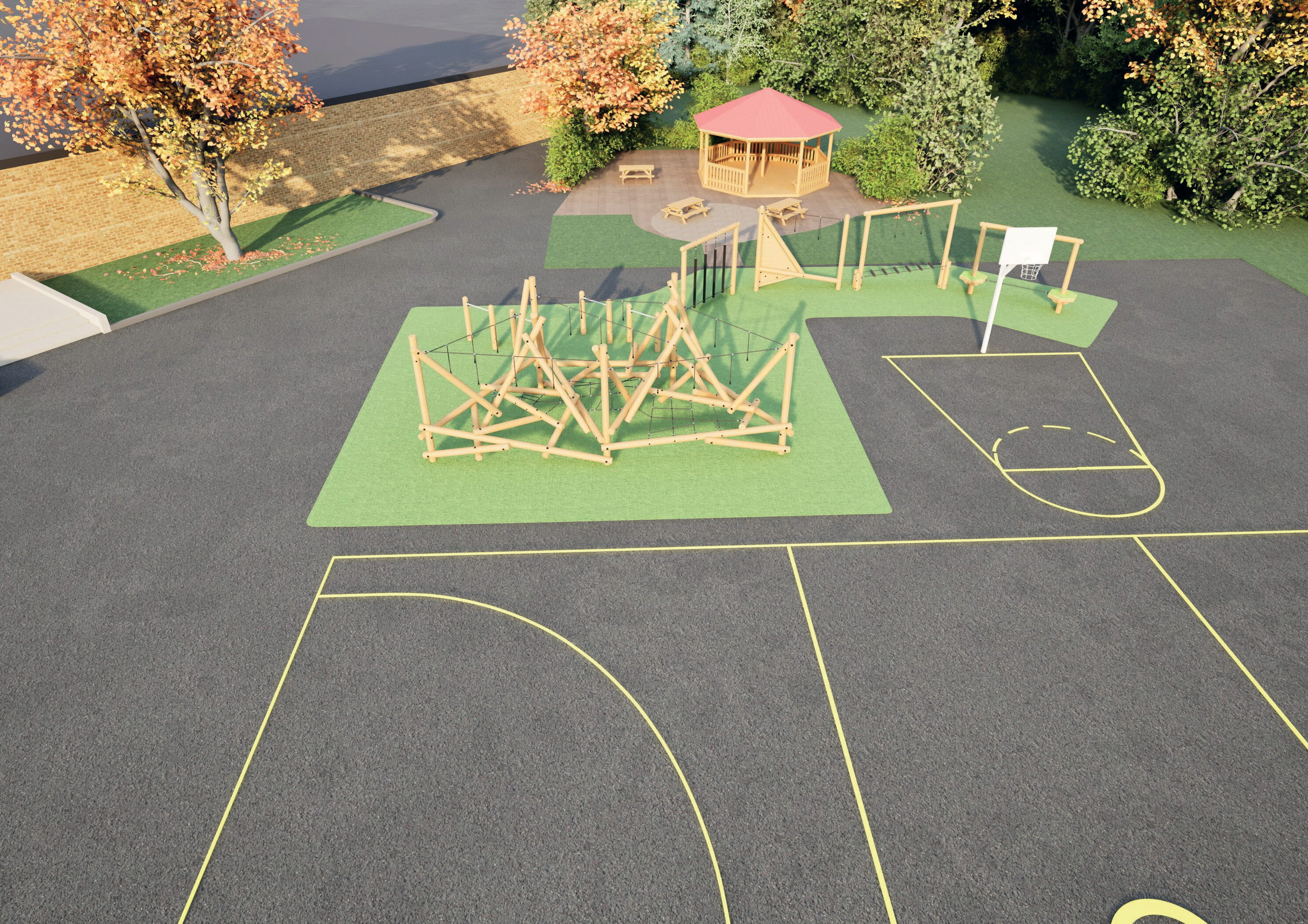 A 3D visualisation of proposed playground for Weston Academy, showcasing the new equipment and surfacing.