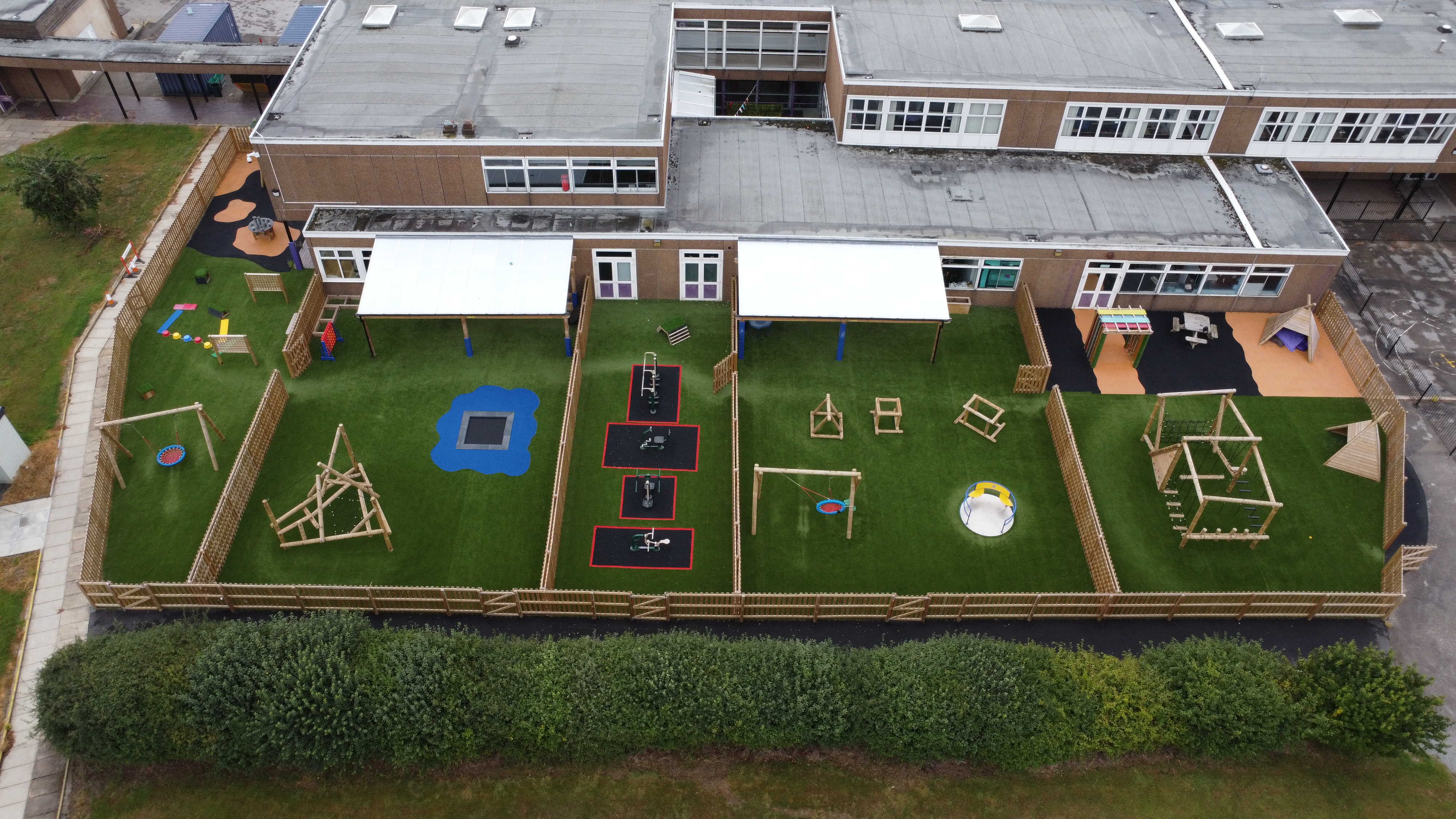 A drone shot showcasing the entire Highfield Primary playground project, showcasing the new surfacing and equipment.