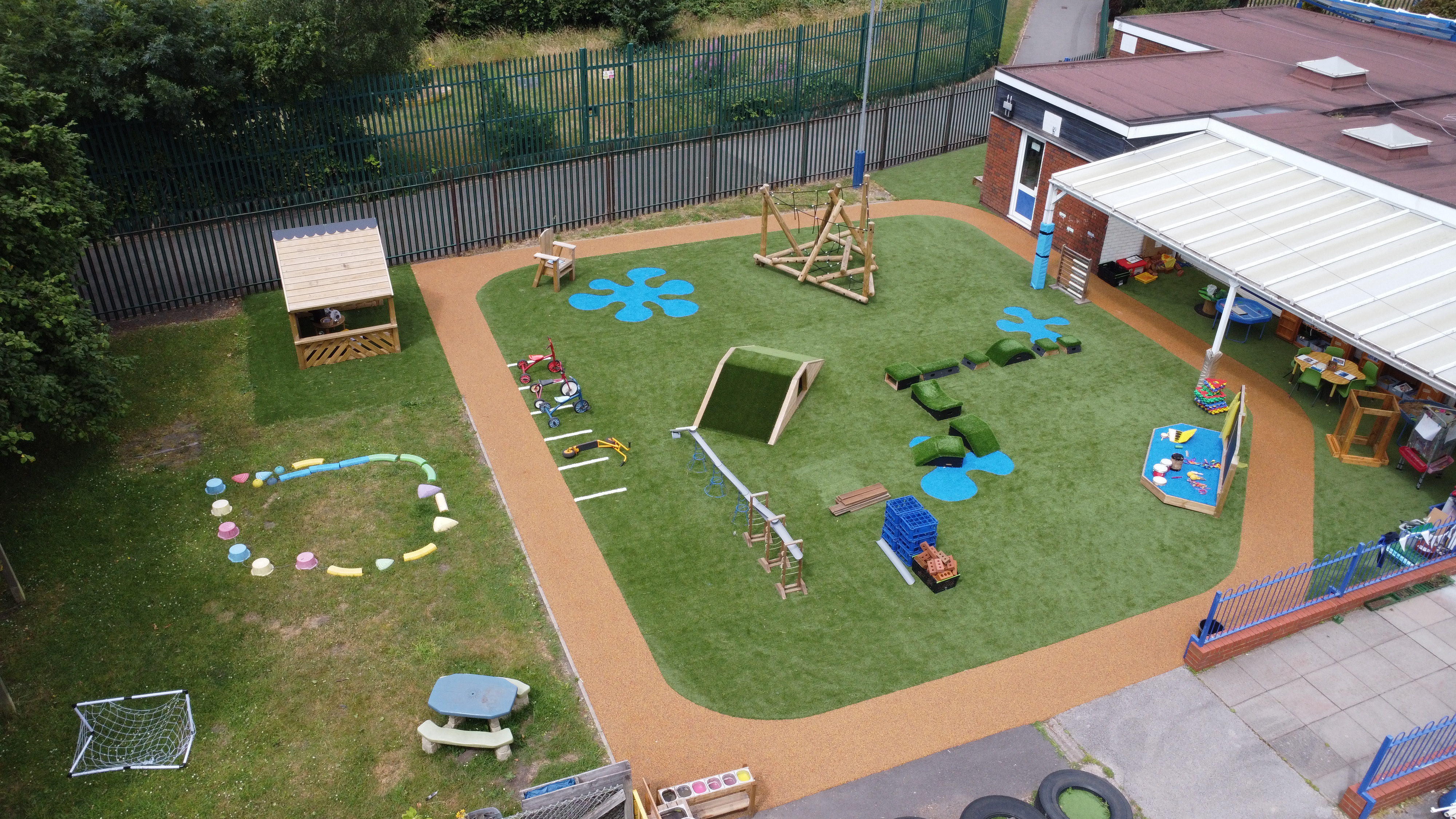 A drone photo of the reception playground that has been installed.
