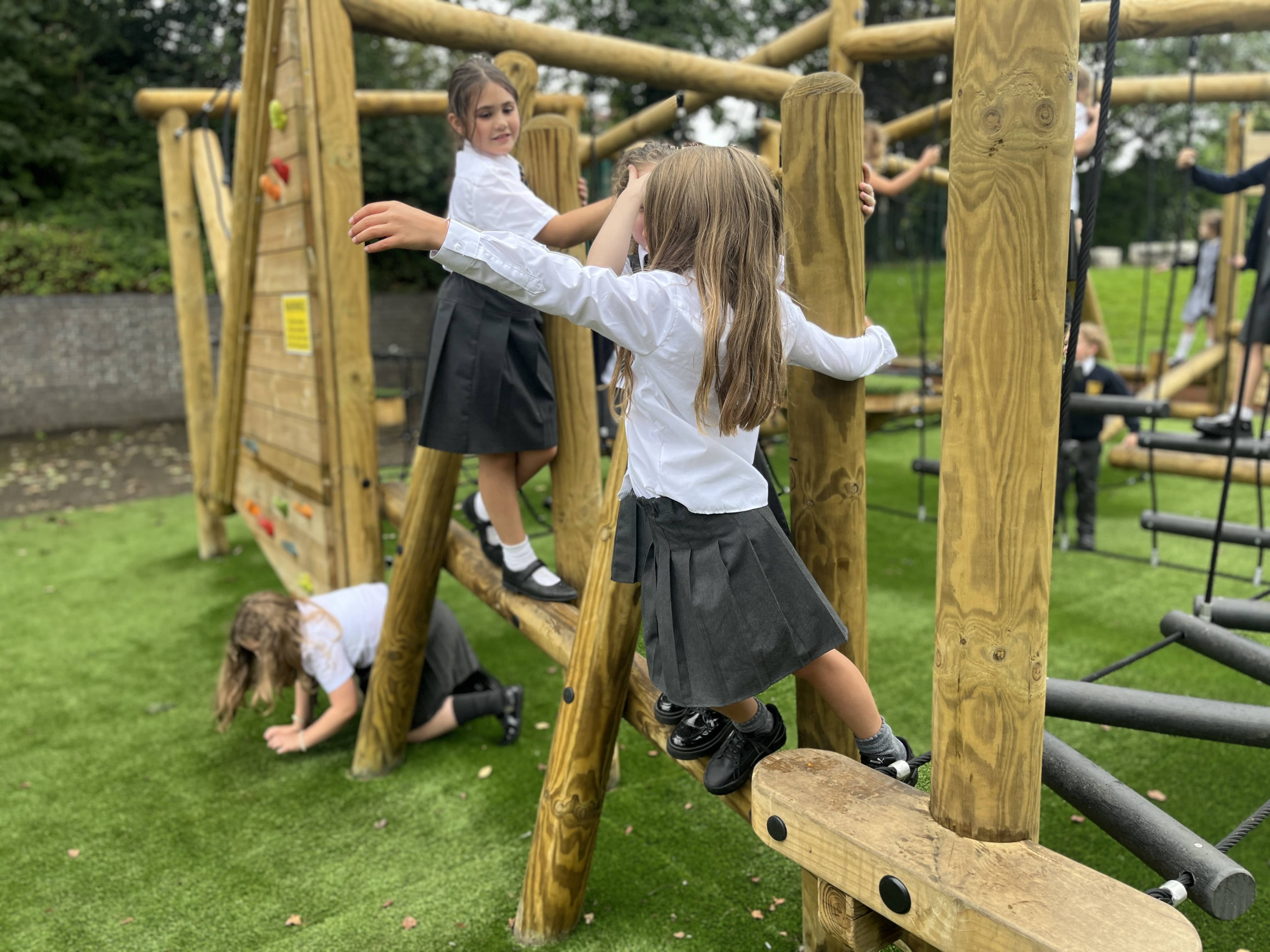 This picture shows children climbing all over the Grizedale Forest Circuit. 4 children are in focus and are trying to cross the balance beam, where a group of other children are out of focus but are trying to climbing across the ladder bridge.